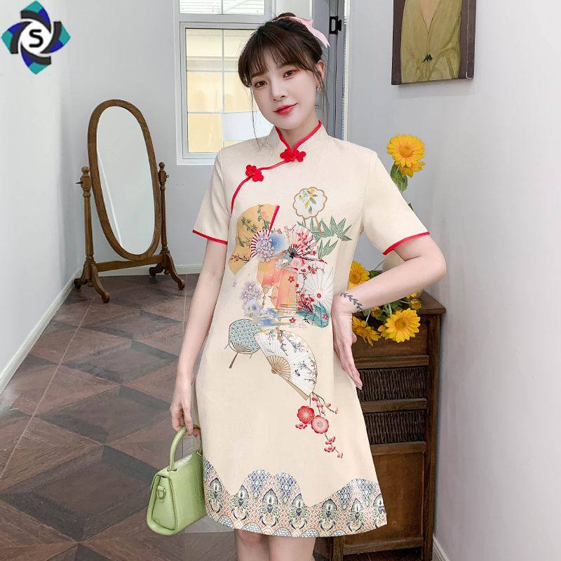 YOUNG CHEONGSAM DAILY PLUS-SIZE WOMENS SUMMER RECREATION CLASSICAL ELEGANCE PRINT SLIM SLIM MODIFIED DRESS