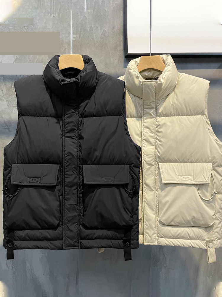 KURAISHI KAZUKI 트렌디 브랜드 다운 조끼 남성 겨울 2024 신작 블랙 스탠드 업 칼라 조끼 민소매 조끼 겉옷 가을