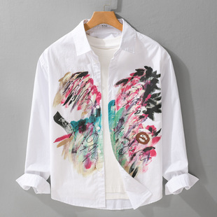 春秋季欧美风数码印花男装长袖衬衫轻奢潮流个性休闲男士衬衣上衣