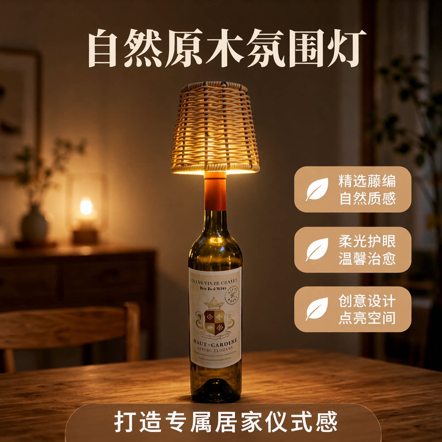 藤编酒塞灯创意红酒瓶塞台灯户外餐厅庭院装饰灯卧室床头氛围夜灯
