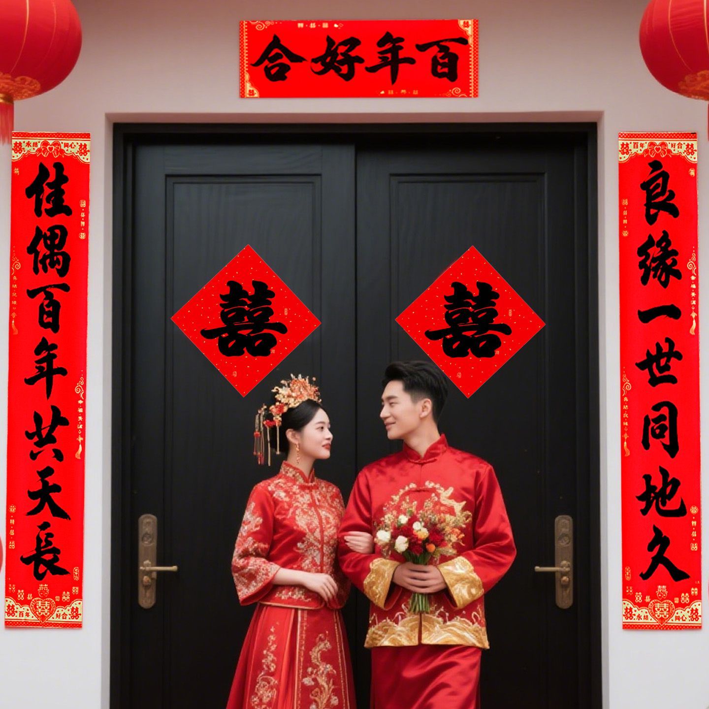 【全背胶自粘】结婚对联书法黑字新婚撕不破结婚嫁女联男女方婚联