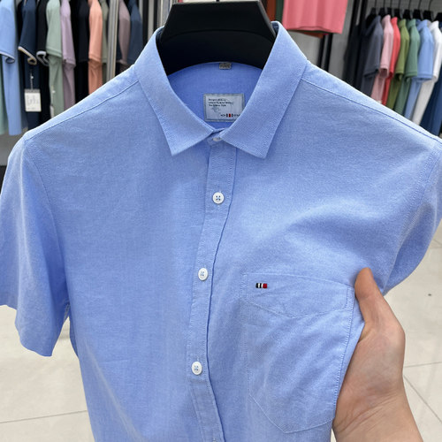 外贸出口保罗牛津纺100%纯棉衬衫男短袖纯色刺绣口袋夏季免烫衬衣