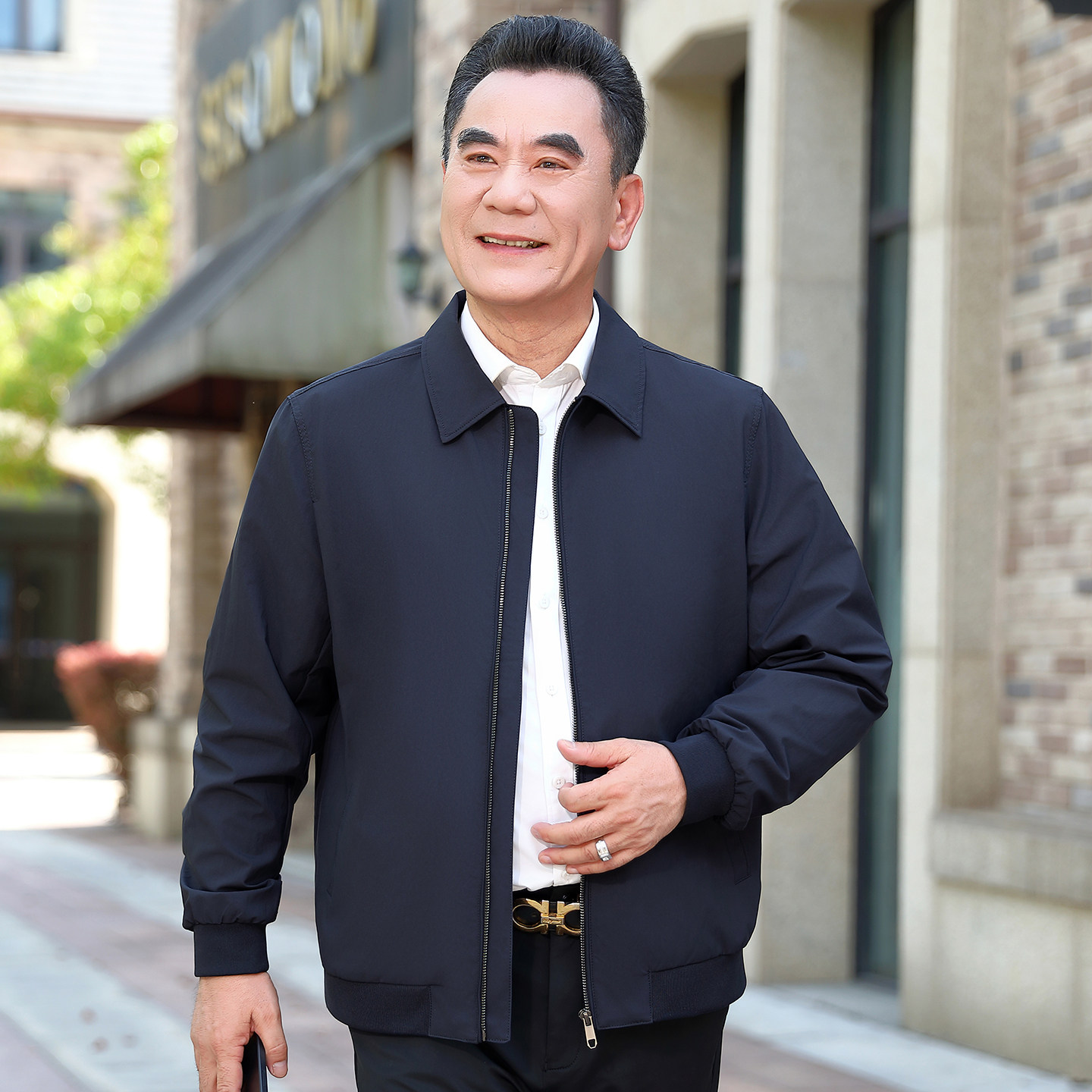 中年男士商务夹克爸爸翻领中山装父亲短款上衣秋装中老年秋冬外套