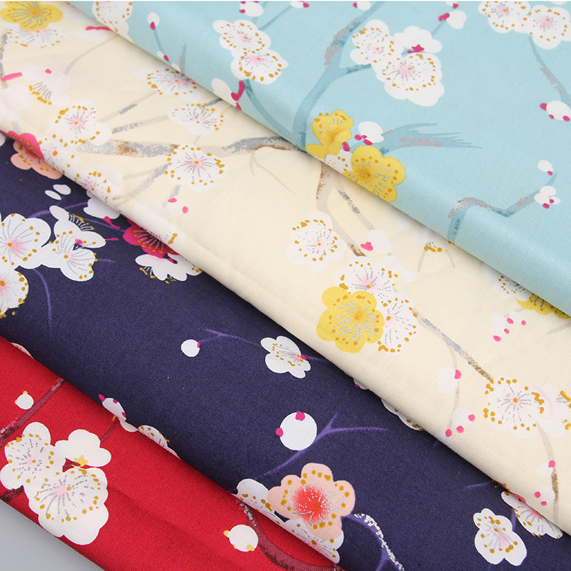 日本和风布料diy手工面料全棉弹力府绸烫金印花和服装布 三色梅花