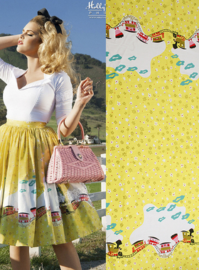 欧美服装定位印花 黄色小火车 手工diy布料 全棉高密贡缎 半米价