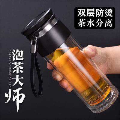 卧龙商务防烫便携茶隔双层玻璃杯