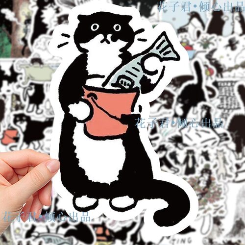 63张小黑猫咪生活笔记简笔画手账ins贴纸卡通可爱手机防水贴画