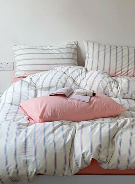 日式条纹A类色织水洗全棉四件套纯棉床单被套单人宿舍学生三件套4