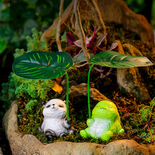 树叶乘凉青蛙熊猫摆件鱼池微景布置观庭院造景家居阳台小摆件树脂