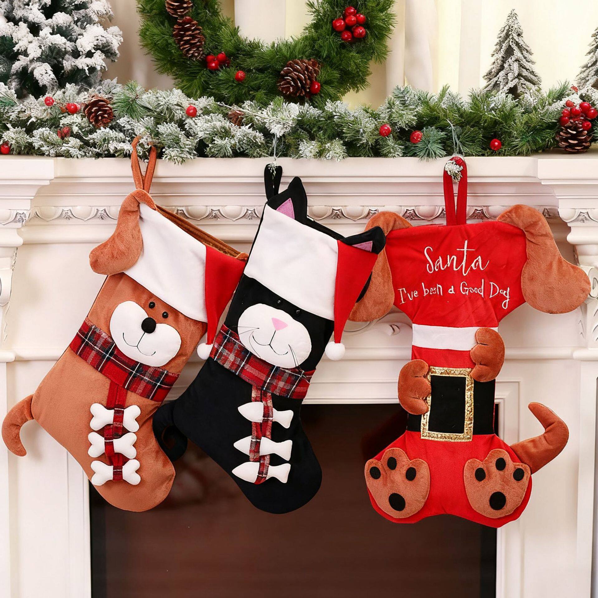 圣诞节装饰品 欧美立体动物袜圣诞树挂件卡通猫狗糖果袋 橱窗装扮