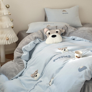 冬季可爱卡通消光牛奶绒四件套儿童毛巾绣保暖宿舍三件套床上用品