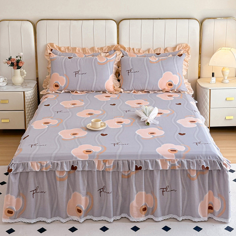 纯棉床裙式床罩全棉荷叶边保护防尘防滑式床单床套1.8m床1.5枕套