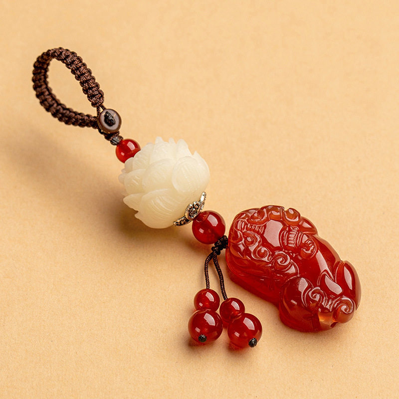 天然玉髓钥匙扣玛瑙玉石貔貅汽车钥匙挂件菩提根莲花钥匙挂饰挂坠