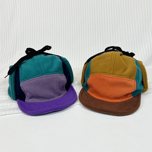 日系撞色雷锋帽女摇粒绒秋冬保暖护耳帽拼色五片帽骑车鸭舌帽子男