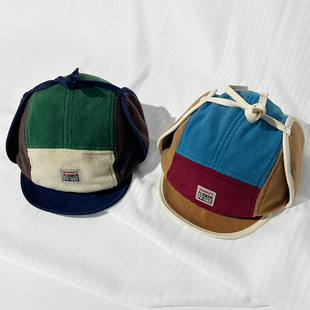 美式复古撞色摇粒绒护耳雷锋帽女帽秋冬保暖五片帽户外骑车飞行帽