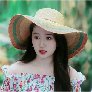 劉亦菲同款 草帽海邊沙灘帽遮陽女防曬顯臉小紫外線大檐草編帽 夏季
