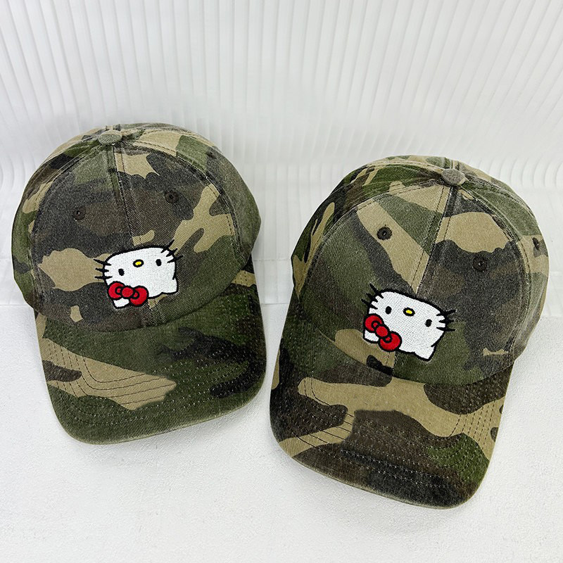 韩国可爱刺绣kitty猫迷彩棒球帽女复古纯棉大头围潮牌鸭舌帽子男