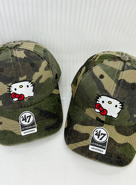 韩国可爱刺绣kitty猫迷彩棒球帽女复古纯棉大头围潮牌鸭舌帽子男