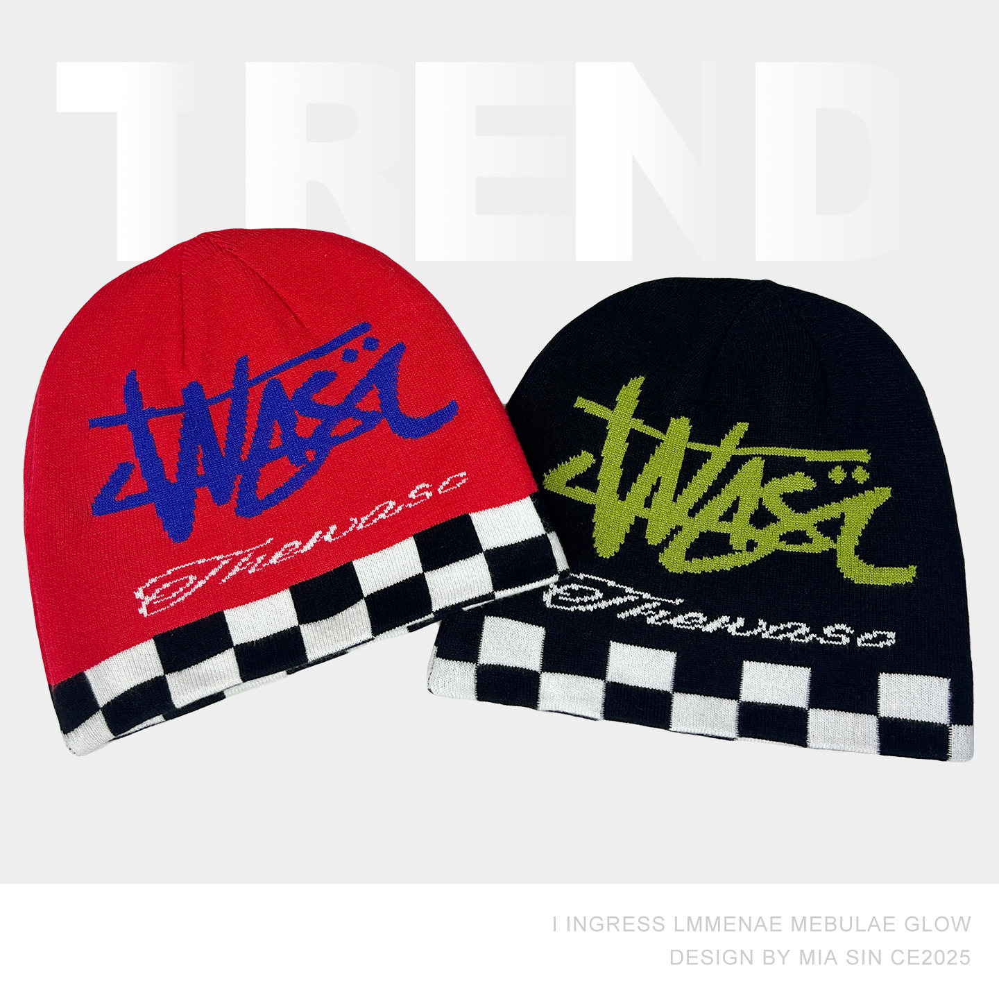 美式格子提花字母双面戴针织帽女