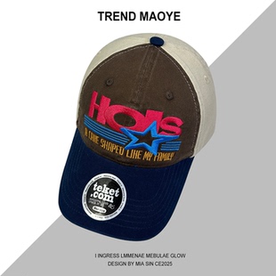 韩国潮牌teket拼色字母五角星棒球帽女软顶纯棉大头围鸭舌帽子男