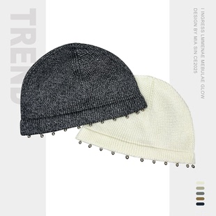 韩国简约流苏珍珠冷帽女早秋新款包头帽户外街头打卡拍照针织帽子