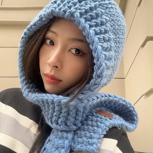 韩代同款纯手工粗线编织帽子女秋冬洋气保暖围巾一体巴拉克法帽子