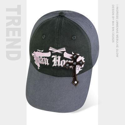 韩国拼色铆钉贴布十字架棒球帽女