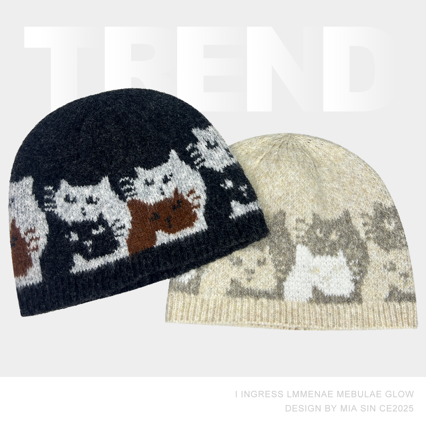 韩国可爱猫咪提花针织帽女含羊毛秋冬百搭毛线帽子弹力显脸小冷帽