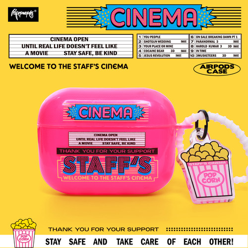PAPERWORKS原创STAFF‘S CINEMA电影院图案荧光桃红色透明耳机壳耳机套适用苹果第二三四代AirPods4代Pro32代