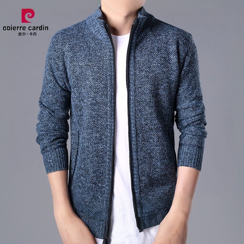 皮尔卡丹男装高档男士时尚针织开衫秋冬立领休闲羊绒外套毛衣男