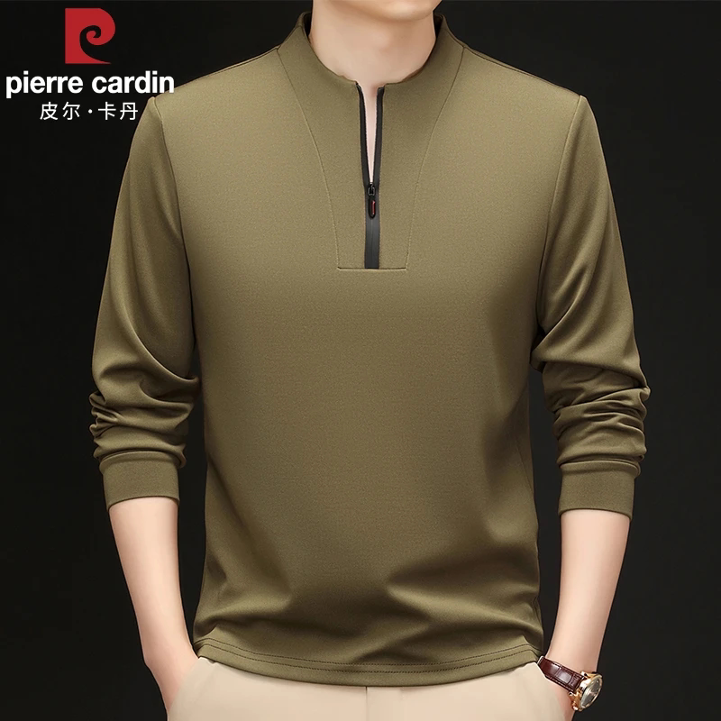 皮尔卡丹春季新款男士桑蚕丝卫衣半拉链立领百搭长袖T恤打底衫男