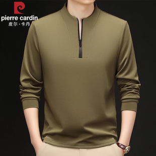 皮尔卡丹春季新款男士桑蚕丝卫衣半拉链立领百搭长袖T恤打底衫男