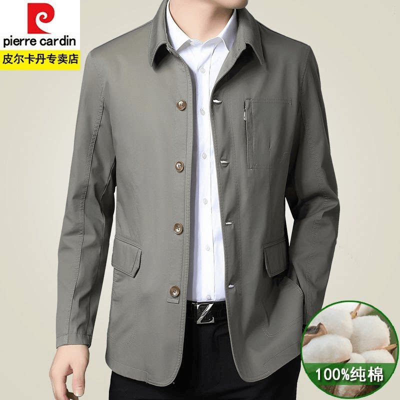 皮尔卡丹秋季新款100%纯棉夹克中老年男士休闲宽松翻领薄款外套潮