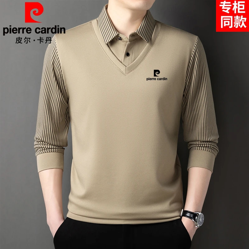 皮尔卡丹高档男士长袖t恤春秋季桑蚕丝假两件针织薄款打底POLO衫