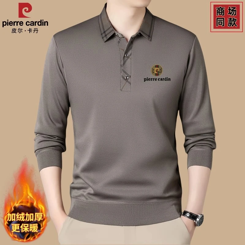 皮尔卡丹冬季纯棉加绒加厚男士长袖T恤翻领保暖上衣打底POLO衫男