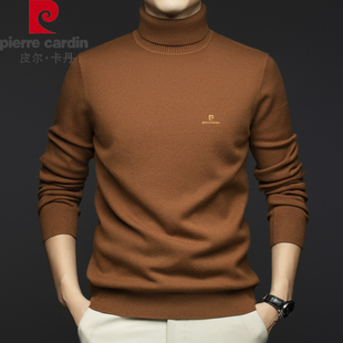皮尔卡丹刺绣精纺纯羊毛衫男秋冬季可翻高领加厚保暖毛衣460g针织