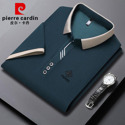 皮尔卡丹2025新款高端桑蚕丝男士短袖T恤中年时尚翻领冰丝POLO衫