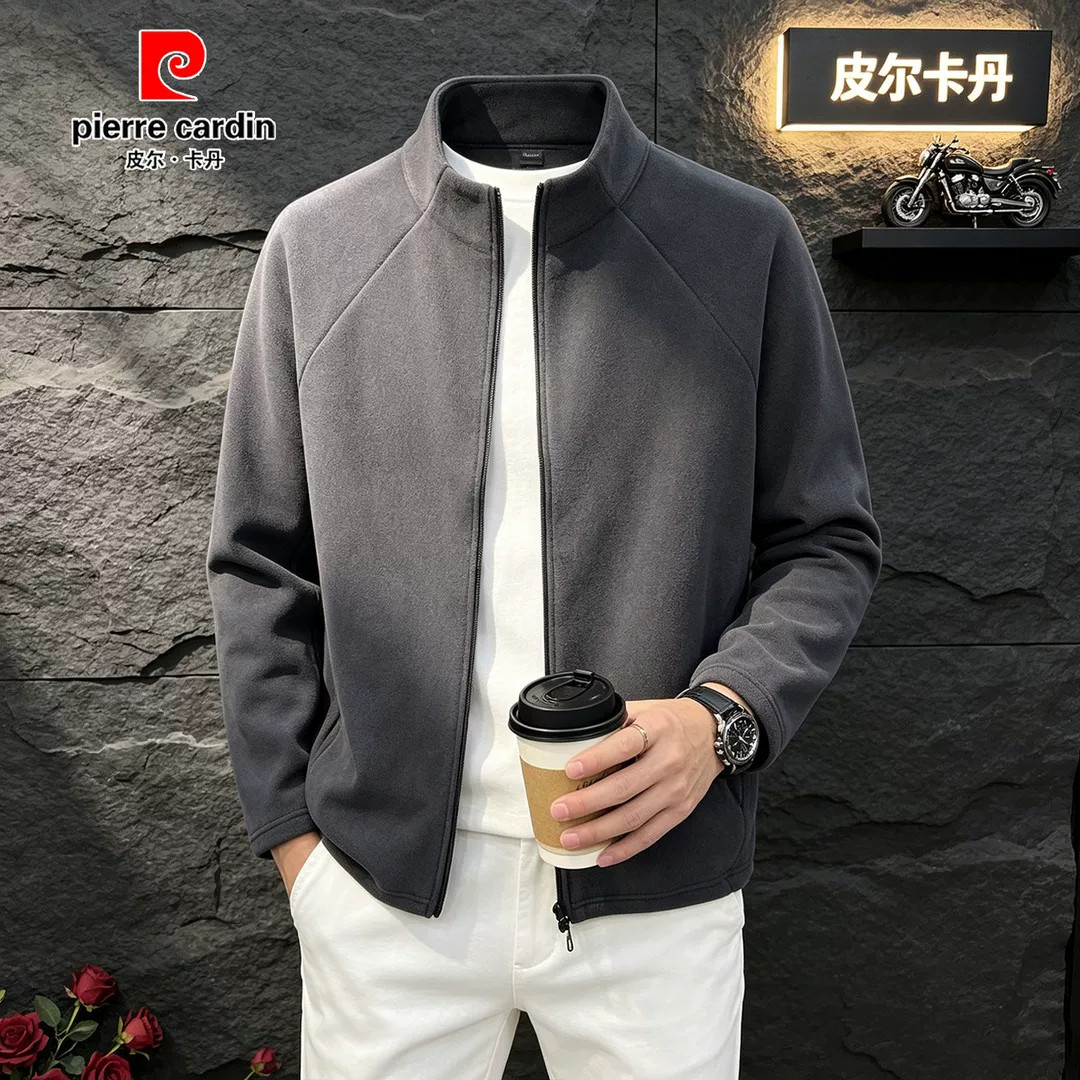 皮尔卡丹秋冬季新款男士休闲立领夹克外套休闲百搭抓绒衣开衫卫衣