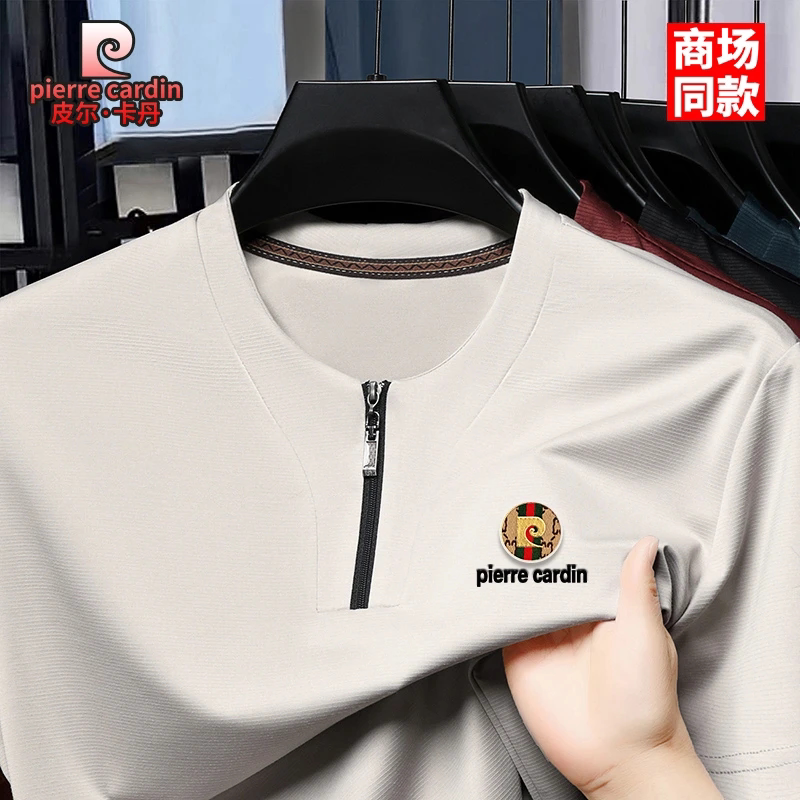 皮尔卡丹2025夏季新款高档桑蚕丝短袖T恤V领拉链卫衣薄款polo衫男