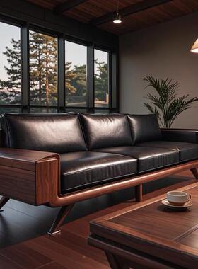 新中式现客直代黑胡木桃沙发禅xjj8意家用厅轻奢皮艺排酒店样板房