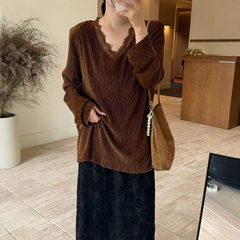 坑条丝绒T恤女长袖V上衣