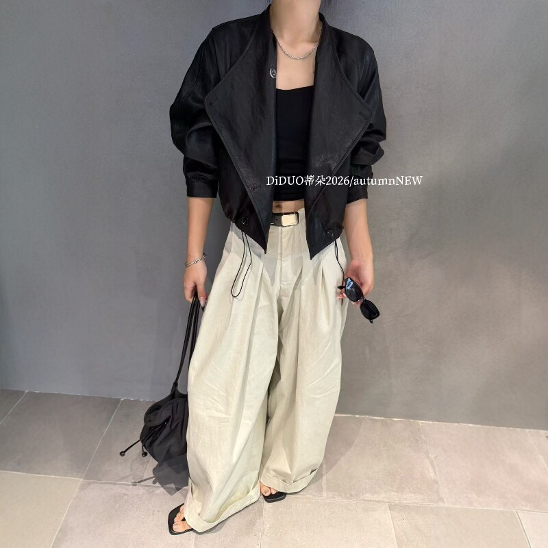 复古机车风翻领皮衣女短款外套