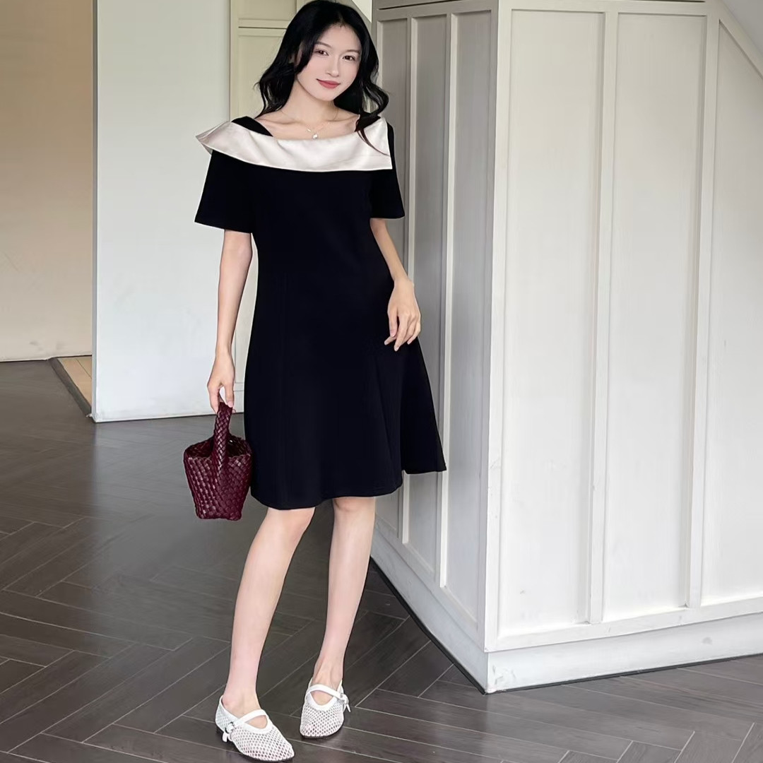 接撞色短袖连衣裙女宽松