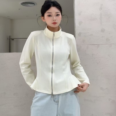 立领拉链荷叶边太空棉卫衣外套