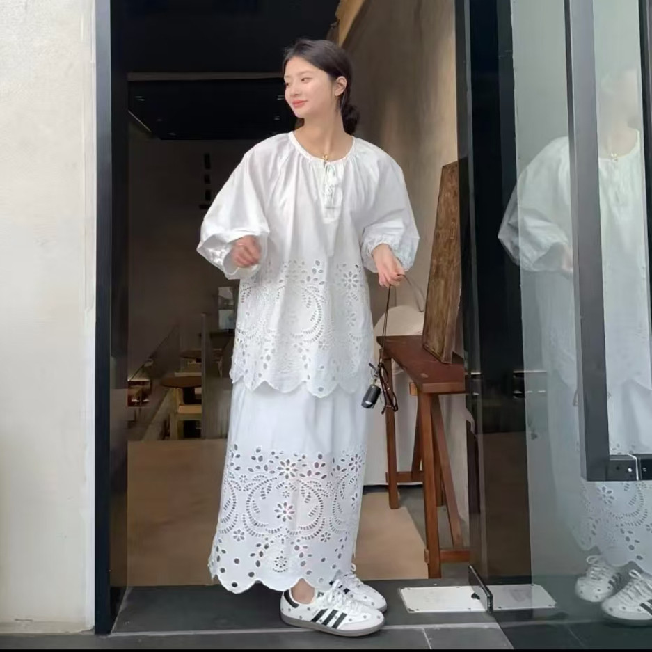 圆领纯色上衣高腰半身裙两件套潮