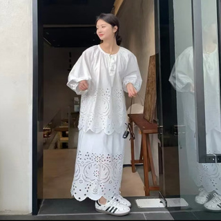 欧洲站2025春季新款洋气圆领系带刺绣衬衫+高腰半身裙两件套装女