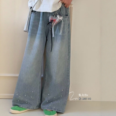 大E小e儿童牛仔裤2026春新品爱心钉珍珠直筒裤女童烫钻阔腿裤9927