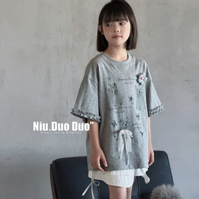 牛哆哆T恤2026夏款女童花朵木耳边短袖宝宝韩版蝴蝶结宽松t65197