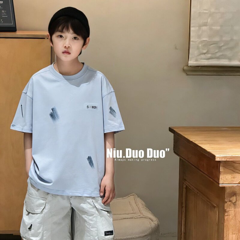 牛哆哆T恤2026夏季新品男童泼漆短袖中大童韩版休闲宽松半袖39650