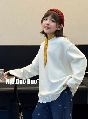牛哆哆打底衫2025秋冬中大童磨毛T恤女童加绒花边拼接潮卫衣69191